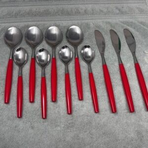 Vtg MCM Stainless Japan Red Tapered Handle Flatware Spoons Knives Set 11pc